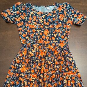 LuLaRoe Amelia Navy Dress with Orange & Yellow Floral Print